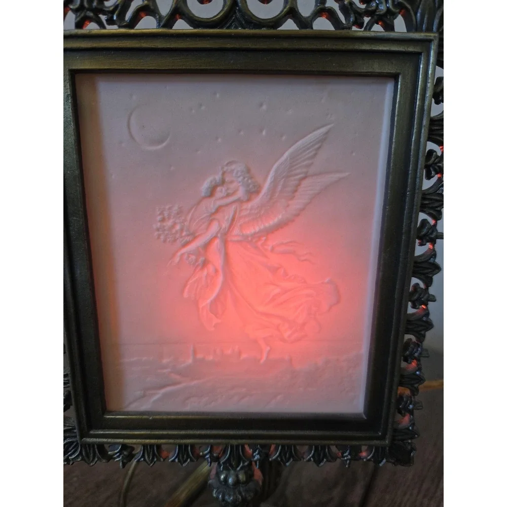 Vintage Victorian Style Lithopane Lamp Night Light Angel w/ Child Moon & Stars